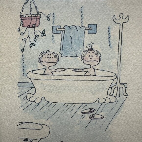 Vtg Framed Print Watercolor Boy Girl in Bathtub Thats The Difference Funny 1980s - Picture 12 of 12